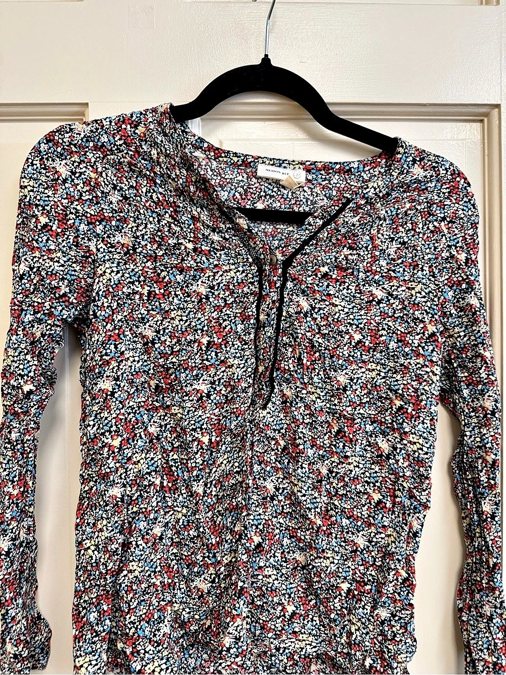 Meadow Rue Floral Long Sleeve Blouse in Black & Blue Size XS Like New